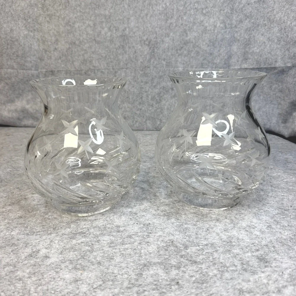 Vintage Star Cut Glass Hurricane Lamp Shades Swirl Optic Replacement Set of 2